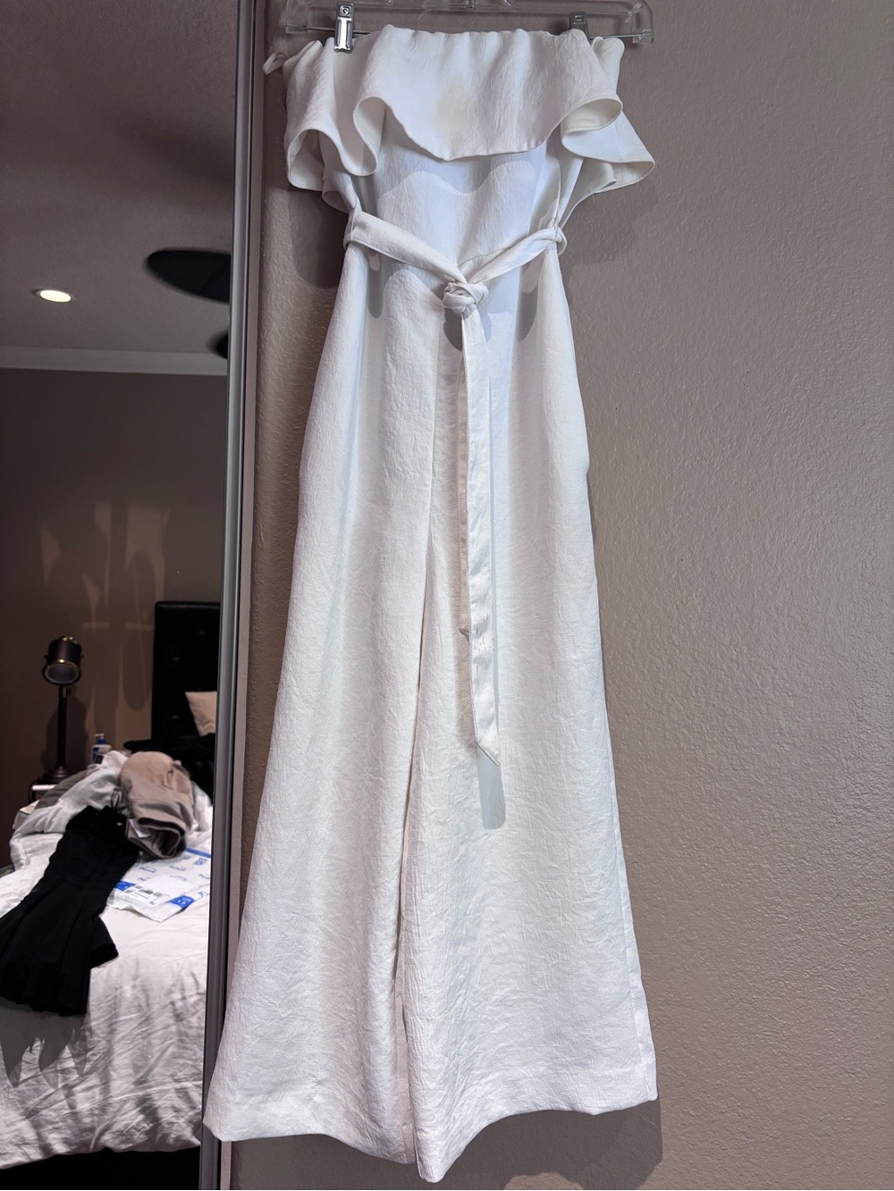 Babaton Strapless White Wide-Leg Jumpsuit with Waist Tie